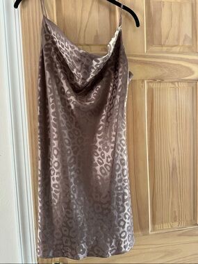 Satin Cowl Neck Leopard Slip Dress - Taupe